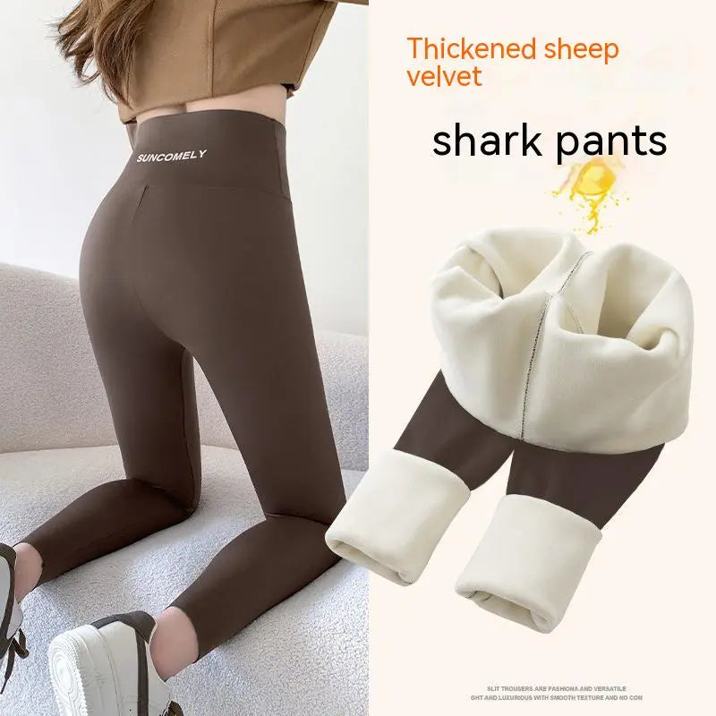 Shark Skin Leggings Women's Pants Tight High Waist Belly Spring and Autumn Winter Wear Plus Velvet Padded Yoga Barbie Pants