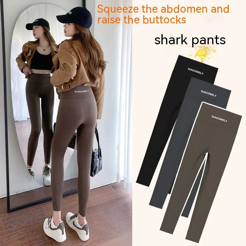 Shark Skin Leggings Women's Pants Tight High Waist Belly Spring and Autumn Winter Wear Plus Velvet Padded Yoga Barbie Pants